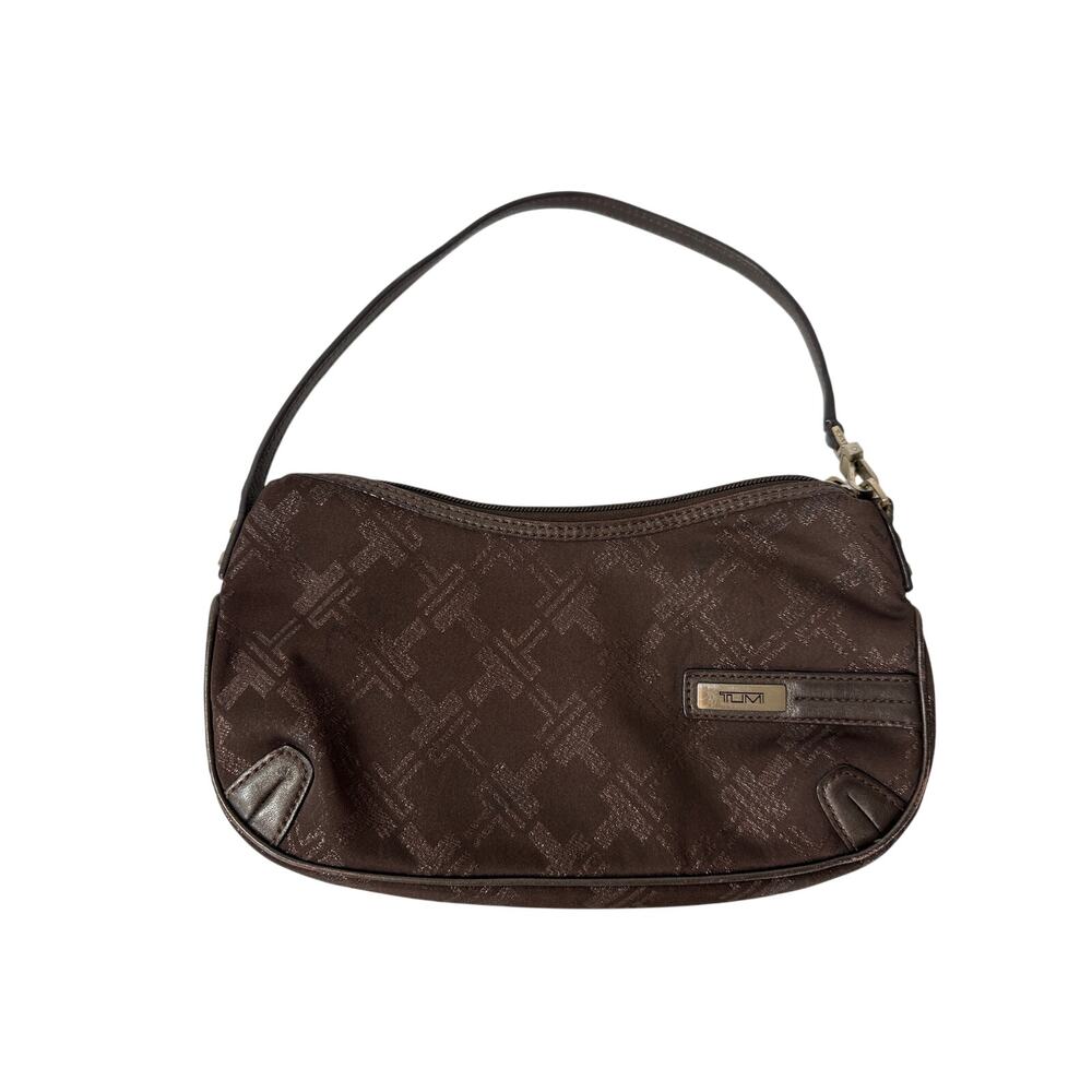Tumi Leather Canvas Mini Handbag Brown Logo Zipper Close Luxury Travel Designer